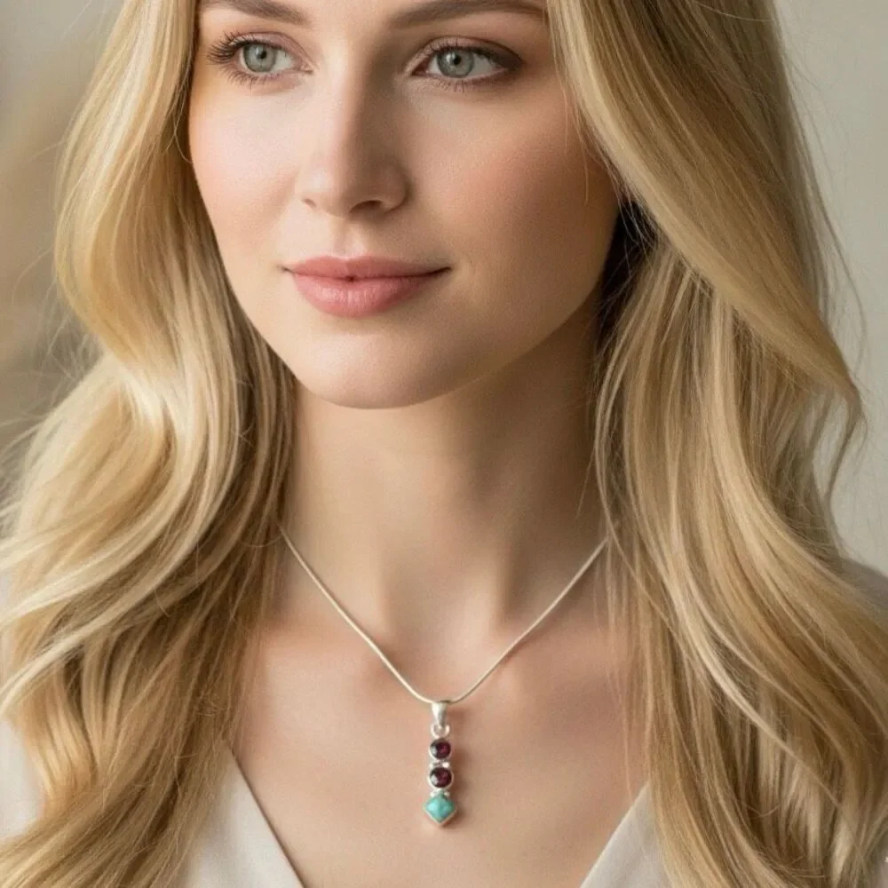 Southwestern Turquoise & Fire Opal Pendant Necklace Sterling Silver 18
